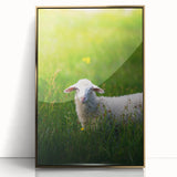 Large acrylic print of a mid-century modernist spring scene in pastel colors, framed in gold, suitable for nursery wall art.