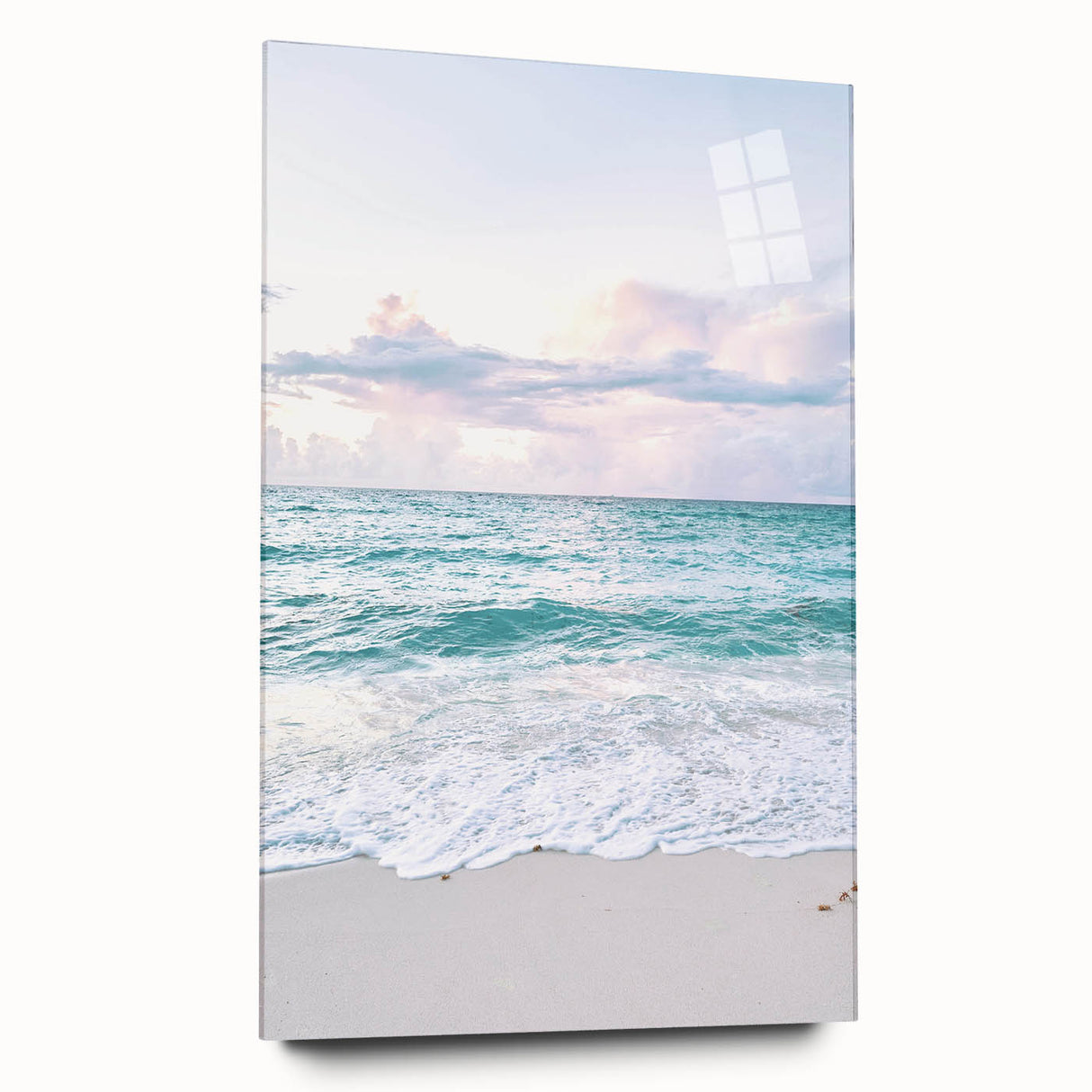 Large abstract wall art on acrylic, featuring swirling blue and gray tones, ideal for bedroom or dining room decor.