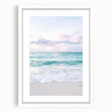 Abstract art print featuring swirling blue and white patterns on a framed canvas, suitable for dining room or bedroom decor.