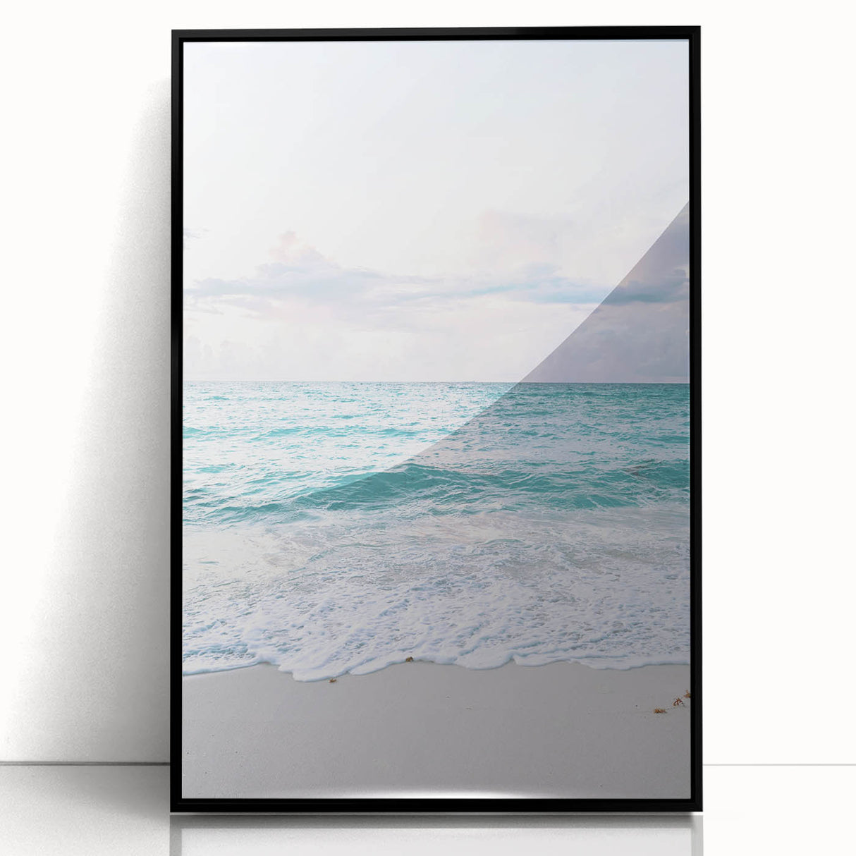 Large abstract wall art featuring swirling blue and white patterns on a black acrylic frame.