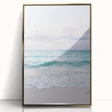 Large art print of a mid-century modernist summer scene in acrylic, with gold frame, ideal for nursery wall decor.