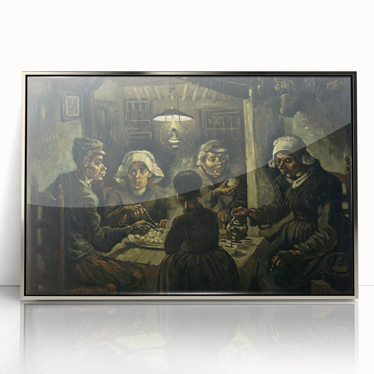 Large art print of a Van Gogh-inspired abstract painting in a silver frame, featuring swirling blue and yellow tones.