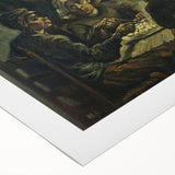 Art deco poster of a starry night scene, predominantly in dark blue and yellow, on rolled canvas.