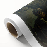 Art Deco poster of Van Gogh's Starry Night on rolled canvas, featuring swirling blue and yellow hues.