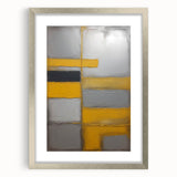 Abstract wall art featuring dynamic strokes in shades of blue and gold, framed with a sleek silver mat, enhancing modern decor aesthetics. Ideal for contemporary interiors.