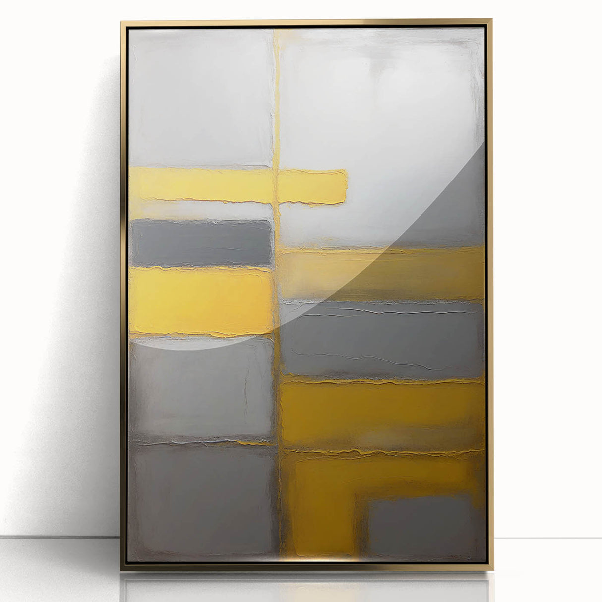 Abstract wall art print showcasing bold strokes in gold and black, framed in acrylic for a modern touch. Ideal for contemporary home decor, enhancing any space with elegance.