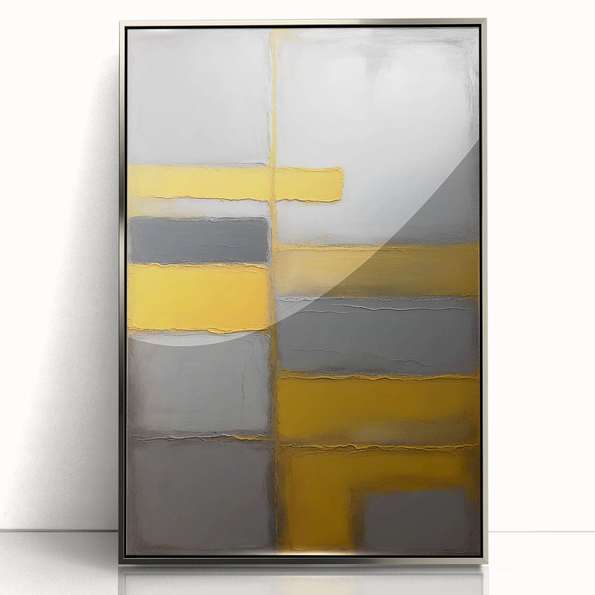 Framed abstract wall art featuring silver strokes on a modern acrylic background, showcasing a contemporary design ideal for home decor. Perfect for living rooms or offices, this artwork adds a touch of elegance to any space.