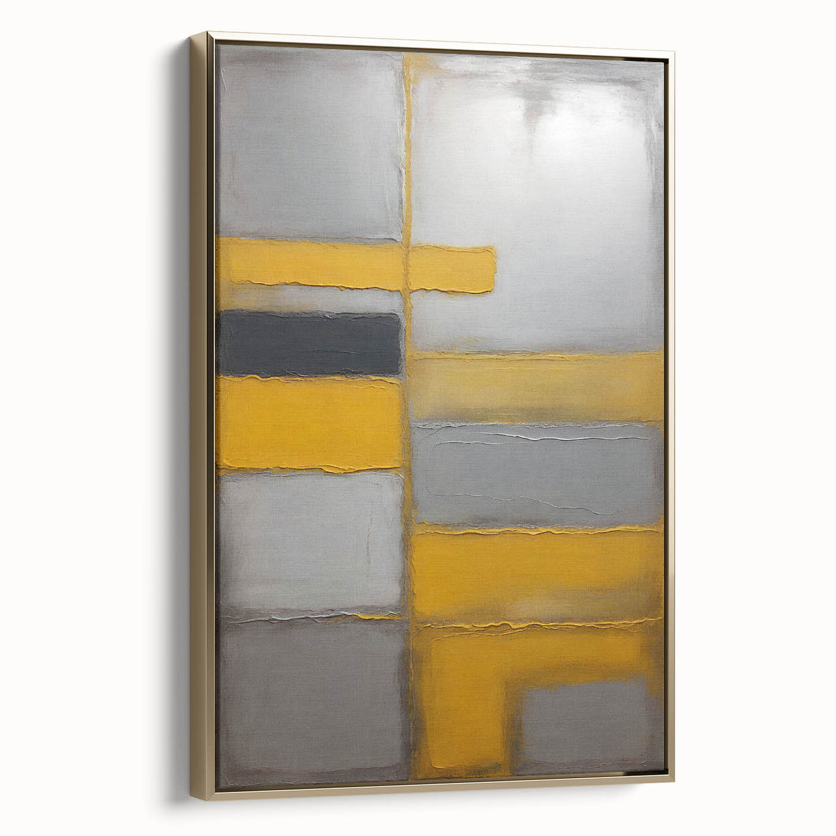 Framed wall art showcasing abstract strokes in gold and black hues, elegantly displayed at a side angle, perfect for modern home decor.