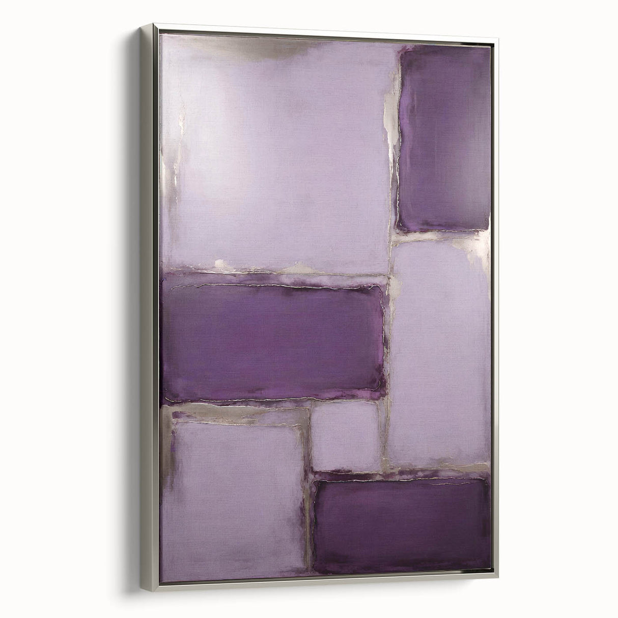 Framed abstract strokes wall art in silver, showcasing dynamic brushwork and vibrant colors, perfect for modern home decor. Side view highlights the elegant frame.