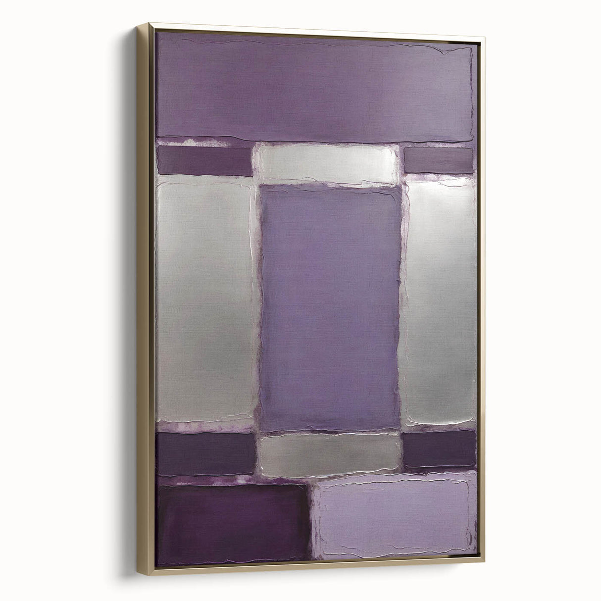Framed canvas wall art showcasing abstract strokes in gold and neutral tones, offering a modern aesthetic ideal for contemporary home decor. Side view highlights the frame's sleek design.