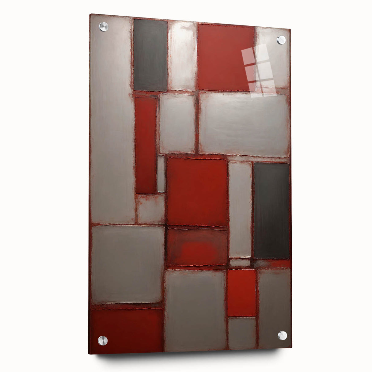 Abstract wall art print showcasing vibrant strokes in shades of blue, orange, and yellow, mounted on acrylic glass with visible pins for a modern aesthetic. Perfect for contemporary home decor.