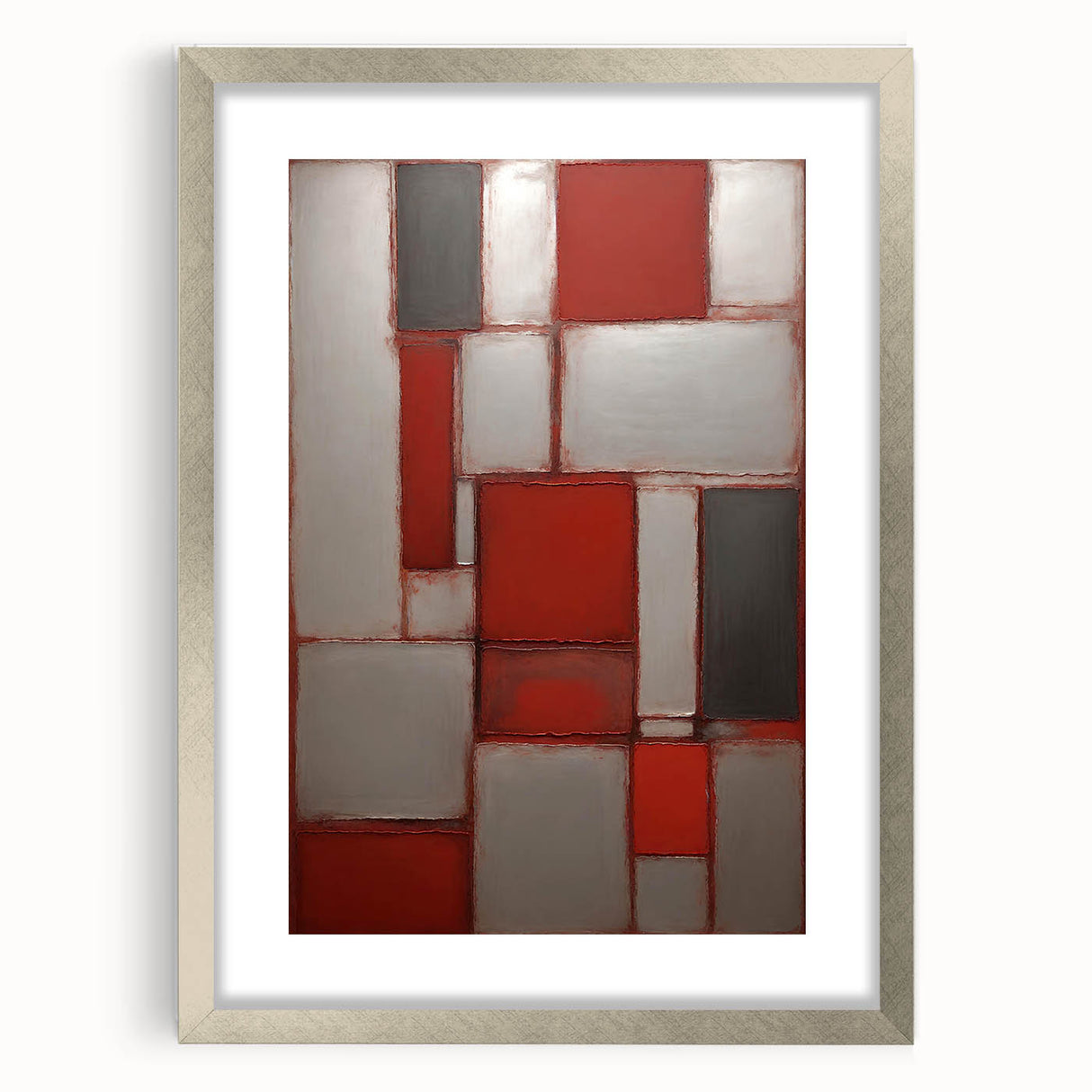 Abstract wall art featuring colorful strokes in a silver frame with a mat, ideal for modern home decor; adds a vibrant touch to any room setting.