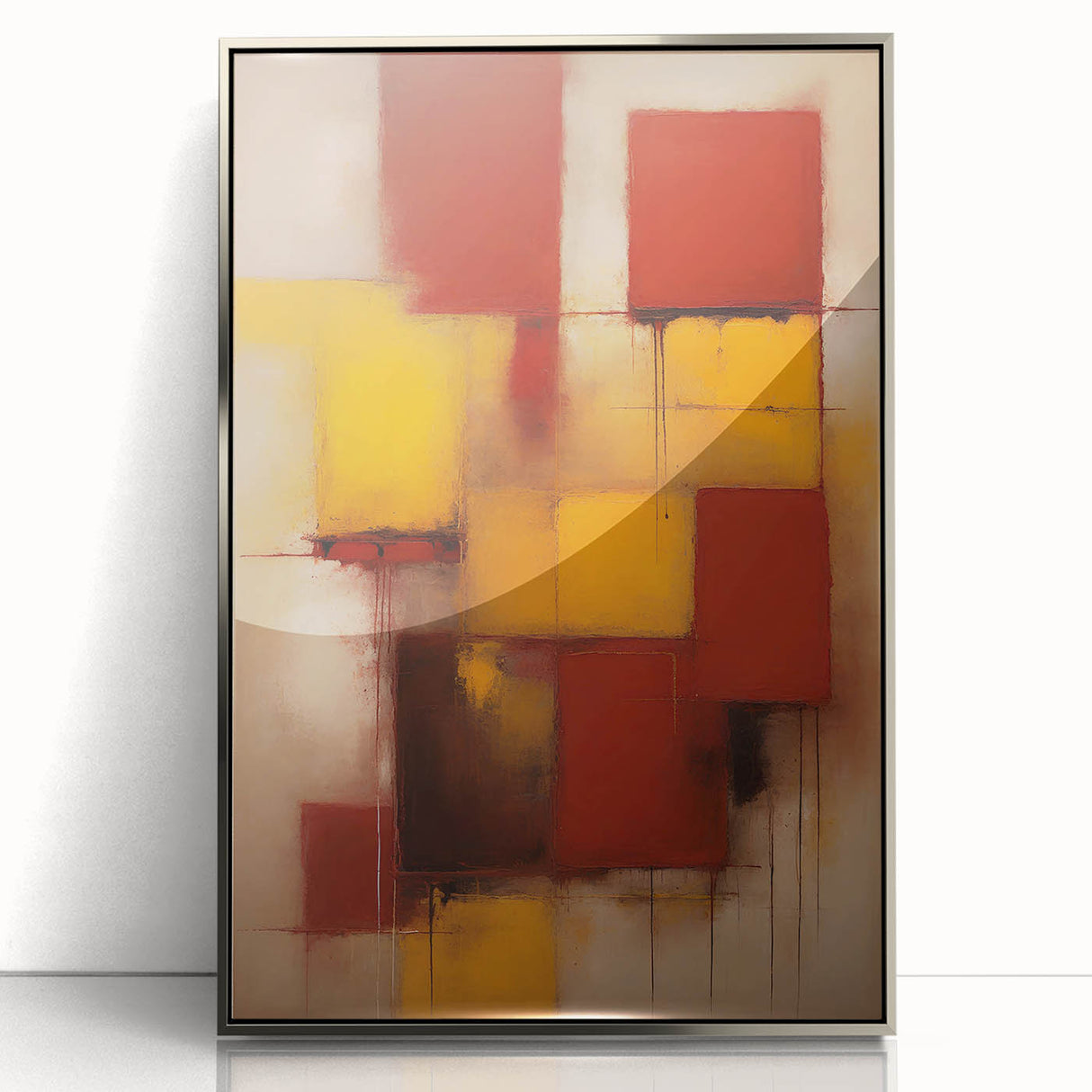 Framed wall art featuring abstract strokes in silver and gray tones, ideal for modern decor. The sleek acrylic front enhances its contemporary aesthetic, perfect for living spaces.