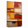 Abstract wall art featuring colorful strokes in vibrant hues of blue, pink, and yellow, displayed in a sleek acrylic frame with visible pins, ideal for modern decor.