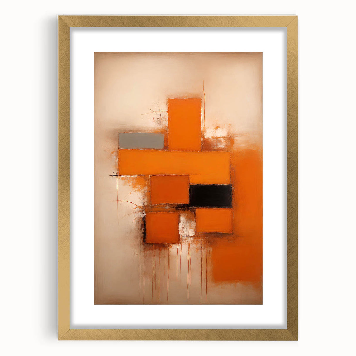 Abstract strokes wall art framed in gold, showcasing dynamic colors and textures, perfect for contemporary home decor. A stylish addition to any wall.