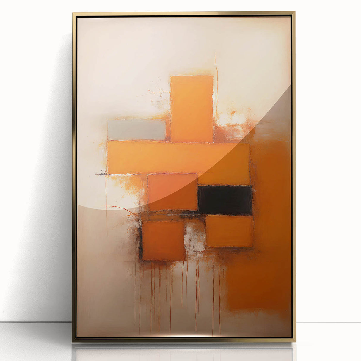 Framed wall art featuring abstract gold and black strokes on a textured acrylic surface, designed to enhance modern home decor with elegance and sophistication.