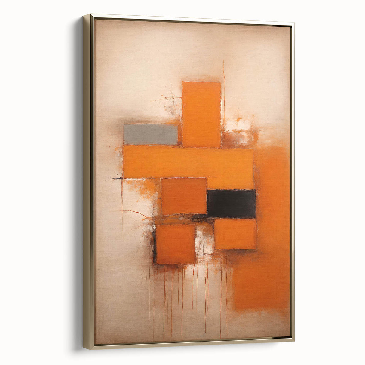 Framed abstract strokes wall art canvas in gold tones, showcasing a modern design with textured brushwork, perfect for contemporary home decor.