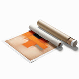 Abstract wall art print showcasing vibrant strokes in shades of blue, orange, and gold, rolled and ready for display, perfect for modern home decor.