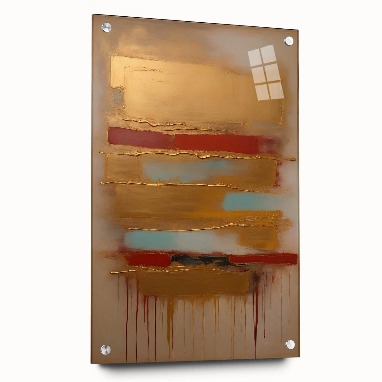 Abstract strokes wall art displayed in a side view, featuring vibrant colors and dynamic patterns. The acrylic glass finish enhances the artwork's depth, showcasing the intricate details and textures, perfect for modern decor.