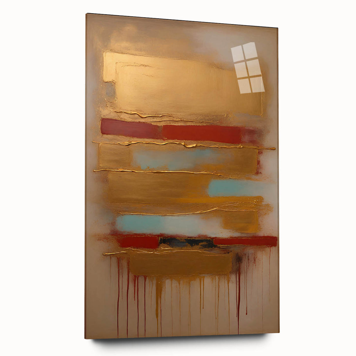 Abstract wall art featuring vibrant strokes in shades of blue, pink, and gold, displayed in a sleek acrylic glass frame, highlighting modern decor aesthetics.