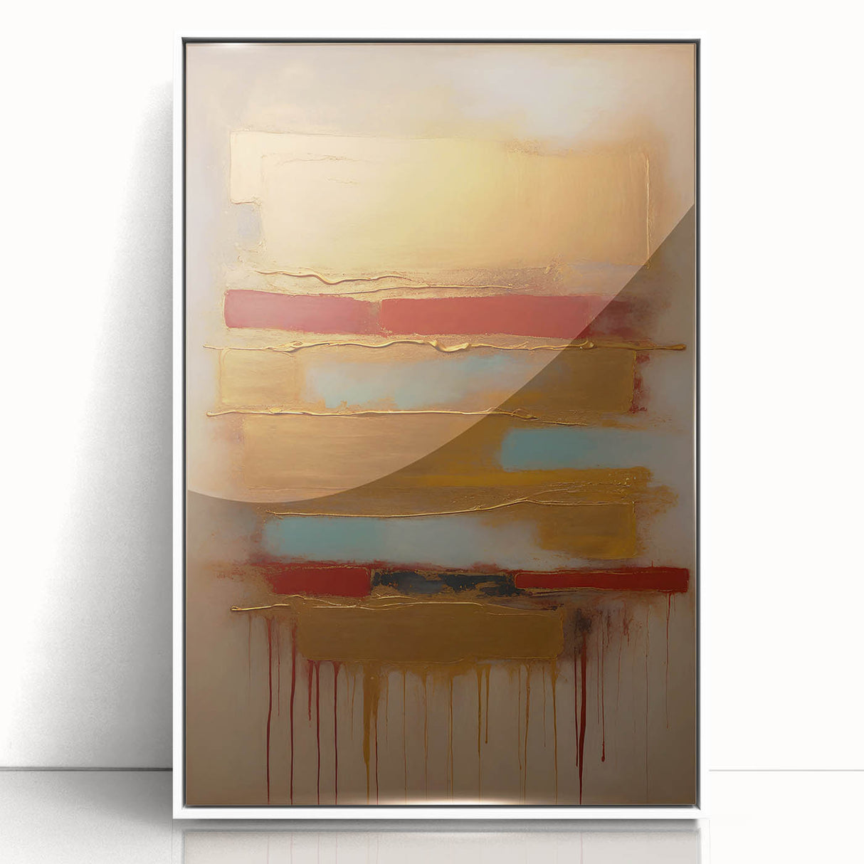 Framed wall art showcasing an abstract design with colorful strokes on a white background, perfect for modern home decor. The artwork's vibrant hues and elegant framing enhance any living space's aesthetic, making it a stylish addition to your interior design.