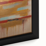 Abstract strokes wall art showcasing vibrant hues of blue, orange, and gold on a framed canvas, highlighting intricate brushwork and texture, ideal for modern decor.
