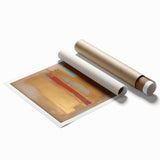 Abstract wall art print featuring vibrant strokes in shades of blue, pink, and gold, rolled for delivery, perfect for modern home decor and artistic accents.