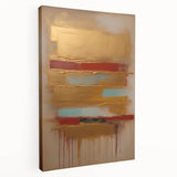 Abstract strokes wall art on stretched canvas showcasing vibrant colors of blue, orange, and green, displayed from the side to highlight its depth and texture, perfect for modern home decor.
