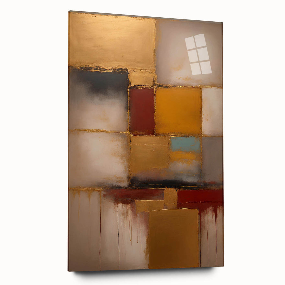 Abstract strokes wall art displayed in a sleek acrylic frame, showcasing vibrant blues, greens, and yellows, perfect for modern home decor. The side view emphasizes the artwork's dimensionality and glossy finish, ideal for adding a splash of color to contemporary interiors.