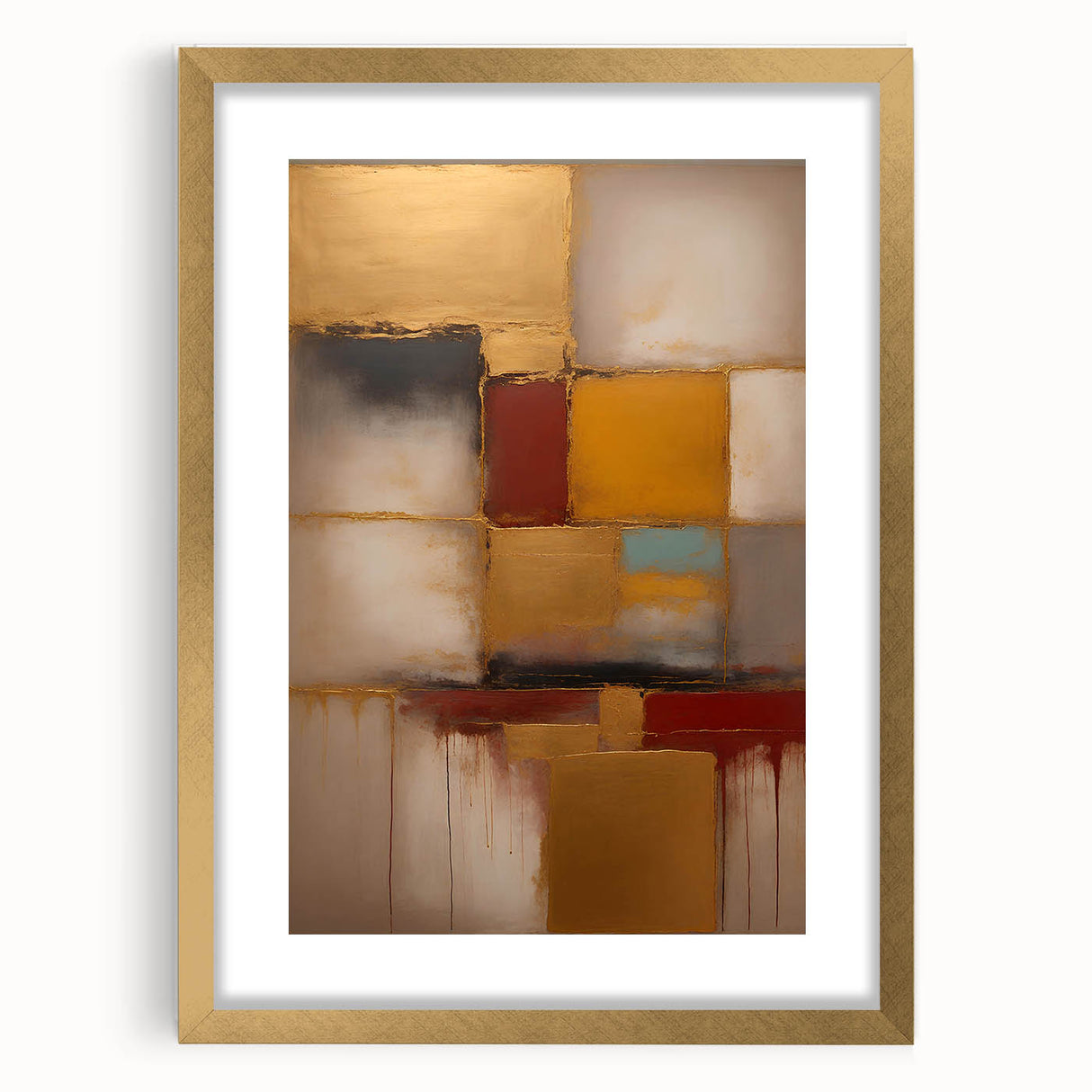 Abstract wall art featuring dynamic strokes in gold and beige framed with a stylish mat, perfect for modern home decor, adding elegance to any space.
