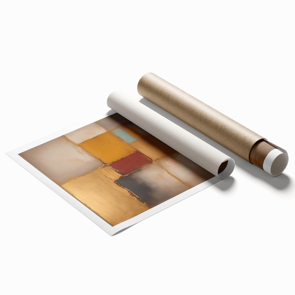 Abstract wall art print featuring colorful strokes in vibrant hues of blue, yellow, and red, rolled and ready for display, emphasizing modern artistic expression.