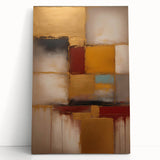 Abstract strokes wall art in vibrant colors, displayed on a stretched canvas, leaning against a neutral wall, perfect for modern home decor. This artistic piece adds a contemporary touch to any living space.