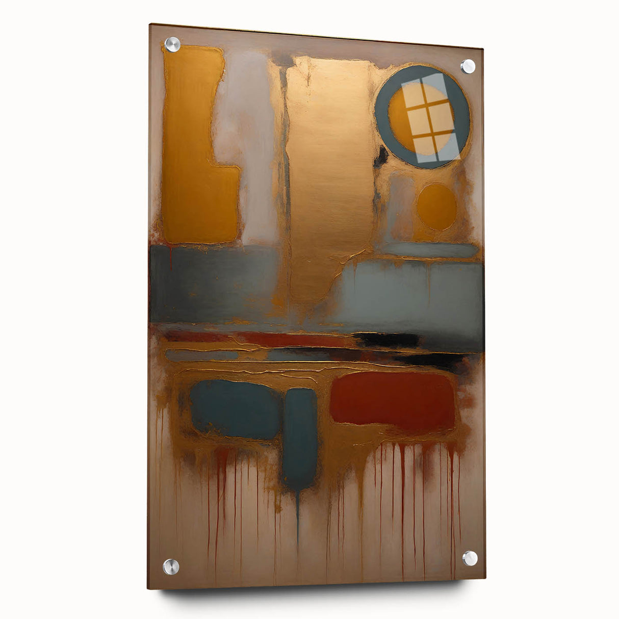 Abstract wall art featuring vibrant strokes in blue, orange, and yellow, displayed in a sleek acrylic frame with pins, perfect for modern home decor.