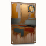 Abstract wall art featuring vibrant strokes in blue, orange, and yellow, displayed in a sleek acrylic frame with pins, perfect for modern home decor.