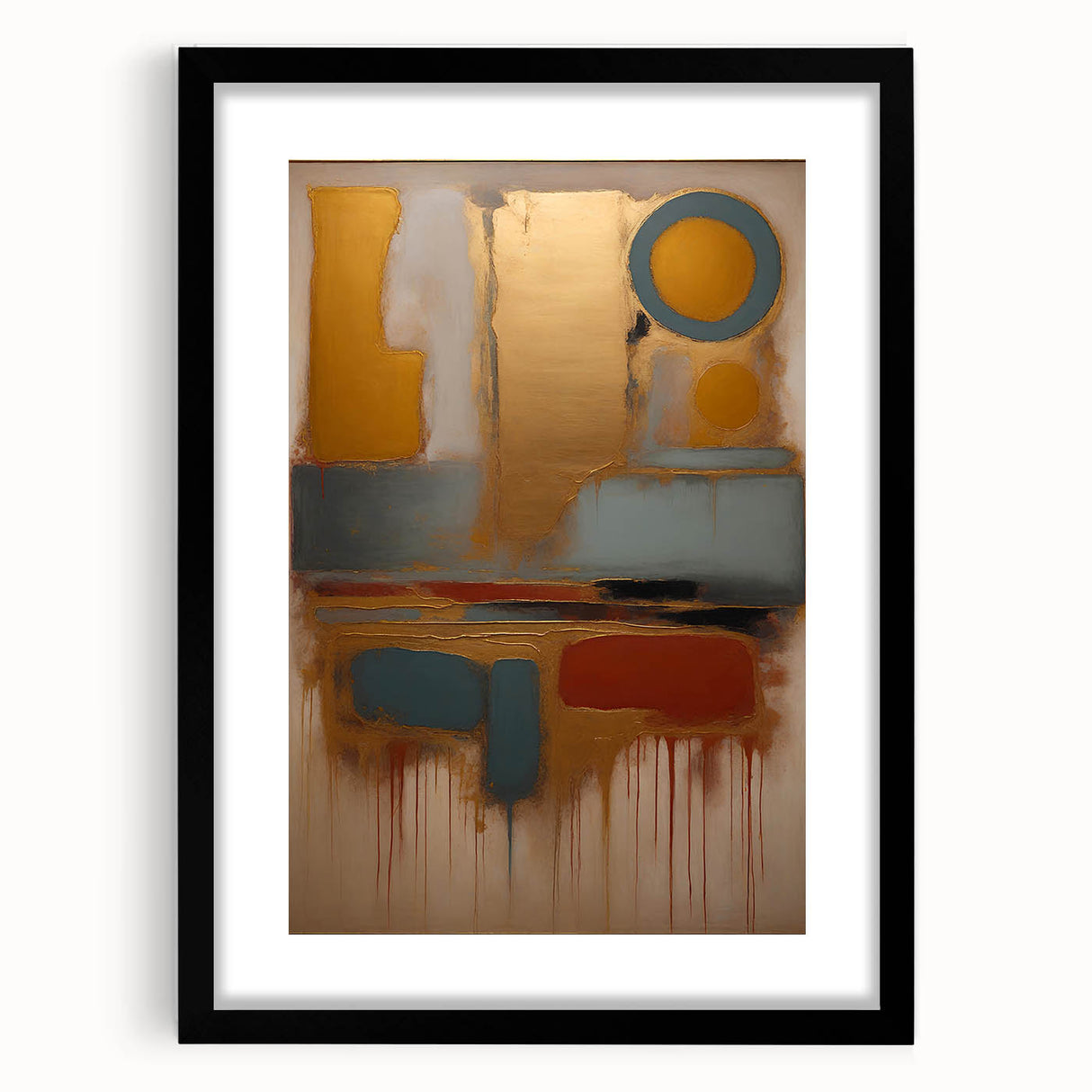 Abstract strokes wall art framed in black with a mat, showcasing bold colors and dynamic designs, perfect for modern home decor or artistic spaces.