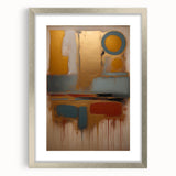 Abstract wall art featuring vibrant strokes in shades of blue, gold, and gray, framed in a sleek silver frame with a white mat, perfect for modern decor.