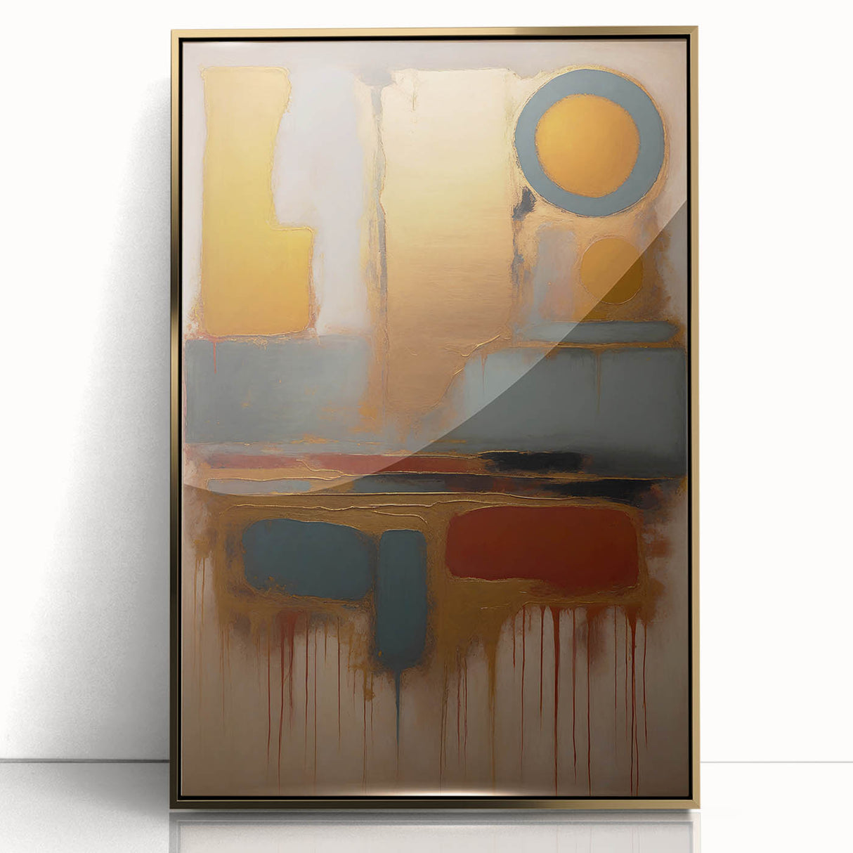 Framed abstract wall art featuring bold gold strokes on a white background, perfect for modern home decor. Ideal for living rooms and art enthusiasts.