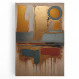 Abstract wall art featuring vibrant strokes in shades of blue, orange, and yellow on stretched canvas, perfect for modern home decor or office art.