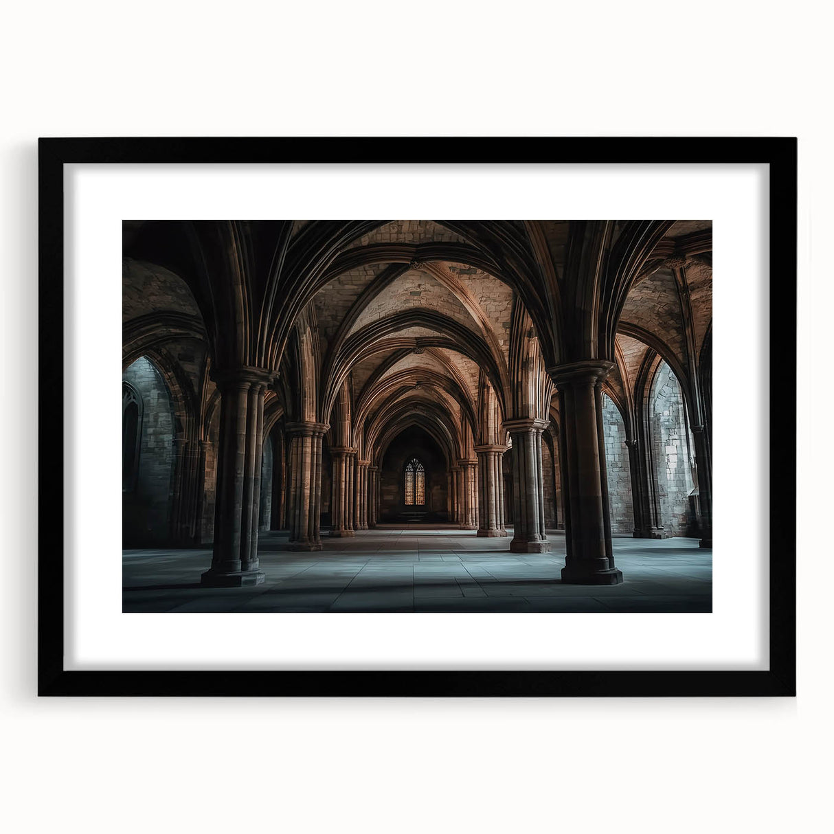 Framed landscape artwork showcasing a majestic castle, presented in a sleek black frame with a white mat, ideal for enhancing home decor or office spaces.