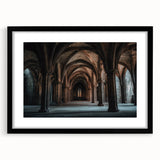 Framed landscape artwork showcasing a majestic castle, presented in a sleek black frame with a white mat, ideal for enhancing home decor or office spaces.