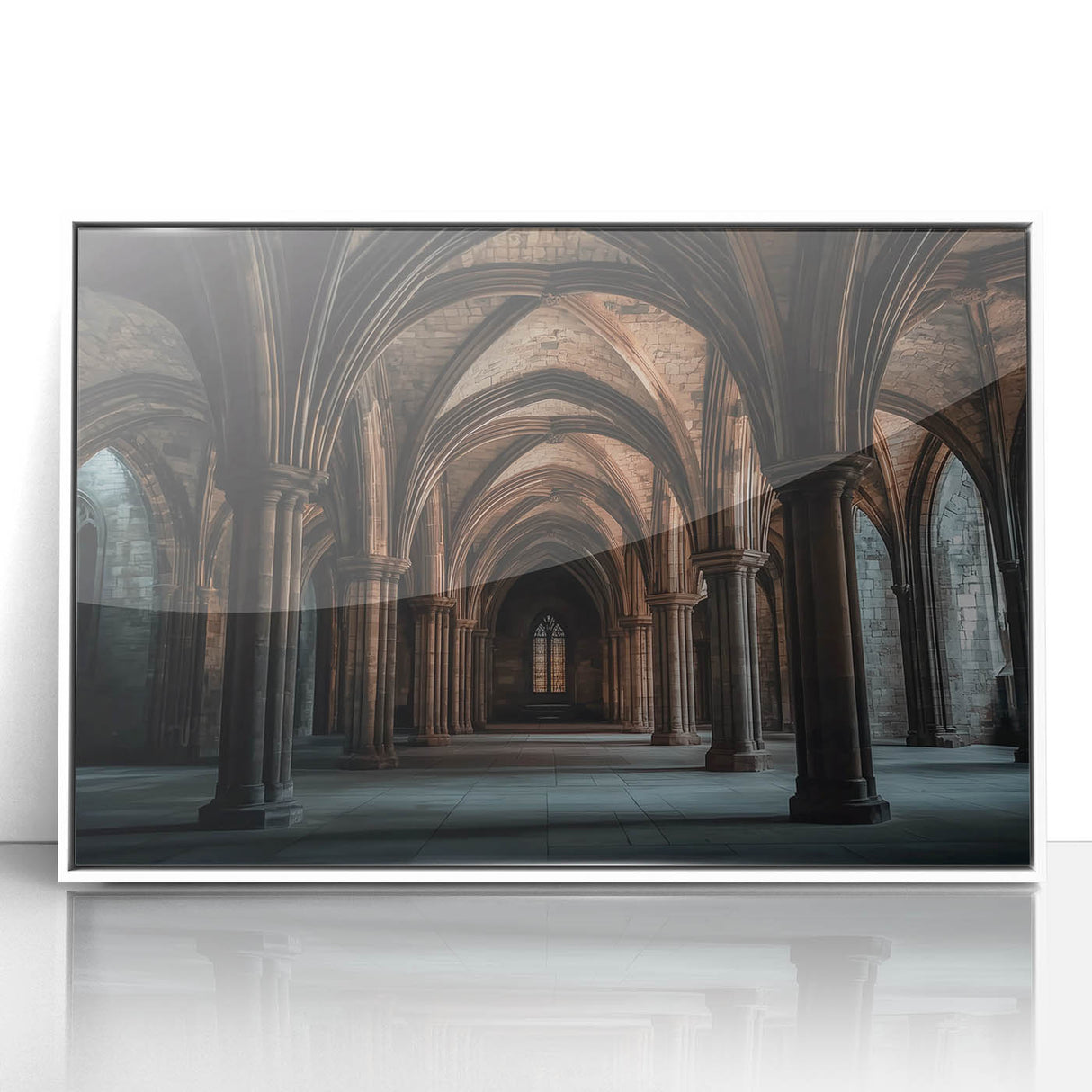 Framed acrylic landscape artwork depicting a majestic castle surrounded by lush greenery, presented in a sleek white frame, ideal for enhancing home decor.