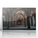 Framed acrylic landscape artwork depicting a majestic castle surrounded by lush greenery, presented in a sleek white frame, ideal for enhancing home decor.