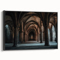 Framed canvas artwork showcasing a serene landscape with a majestic castle, featuring a black frame and side view that highlights its elegant design, perfect for home decor.