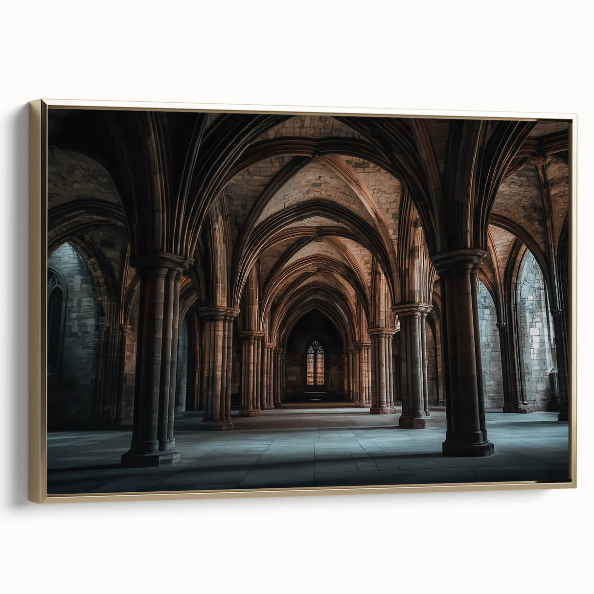 Framed canvas artwork showcasing a picturesque landscape with a majestic castle, elegantly bordered in gold, viewed from the side. Ideal for enhancing home decor.