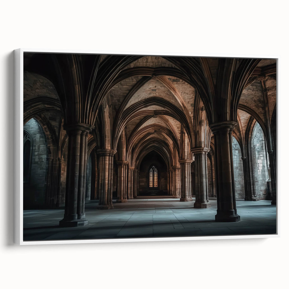 Framed canvas artwork showcasing a picturesque landscape with a castle, featuring a white frame that complements the scenic view, ideal for home decor.