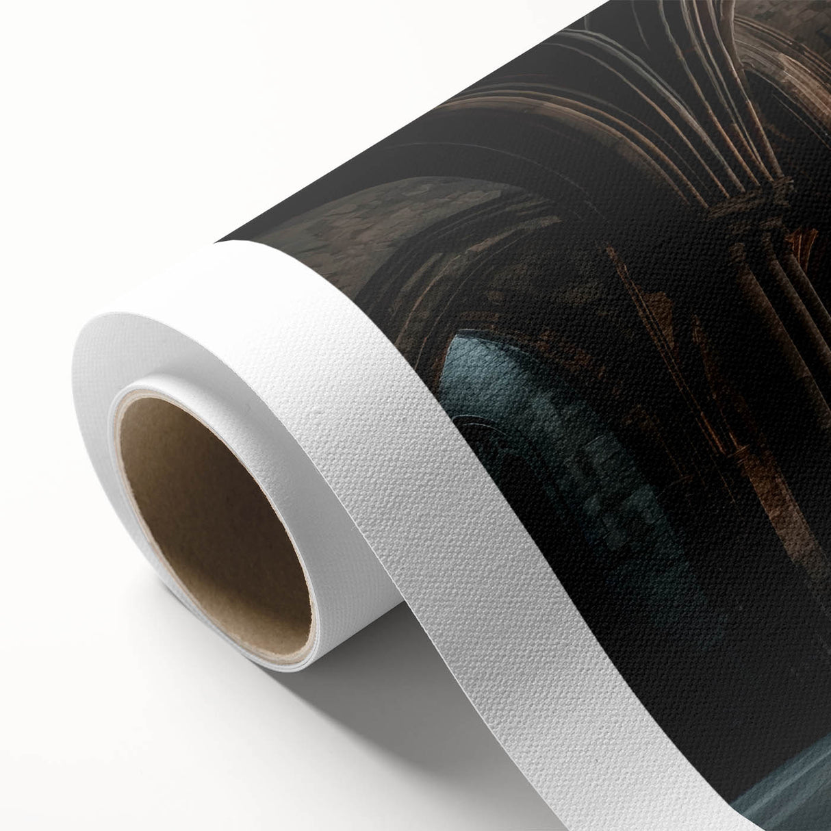 Rolled canvas artwork showcasing a vibrant landscape scene with a majestic castle surrounded by lush greenery, designed for wall decor enthusiasts, elegantly packaged for delivery.