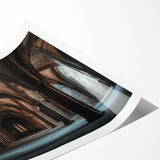 Rolled print showcasing a detailed landscape of a majestic castle surrounded by lush greenery, elegantly packaged in a protective cardboard tube for safe transport.