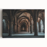 Stretched canvas artwork depicting a serene landscape with a majestic castle, surrounded by lush greenery and vibrant blue skies, ideal for home decor.