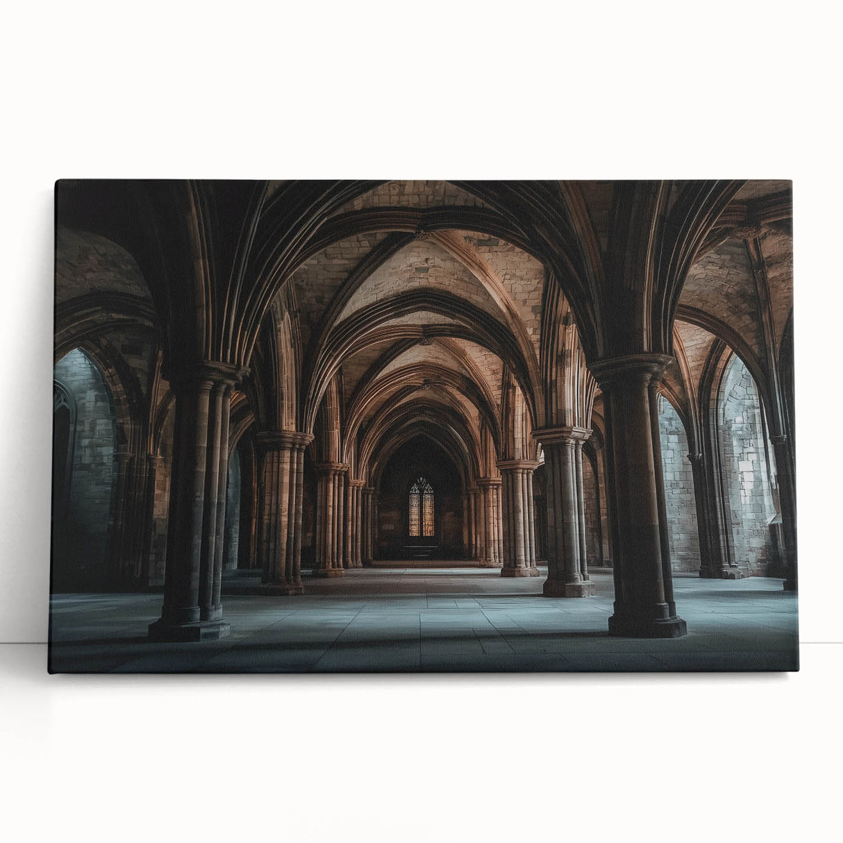 Stretched canvas artwork depicting a scenic landscape with an enchanting castle surrounded by lush greenery, ideal for home decor. The vibrant colors enhance the serene atmosphere, making it a captivating piece for any room.
