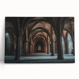 Stretched canvas artwork depicting a scenic landscape with an enchanting castle surrounded by lush greenery, ideal for home decor. The vibrant colors enhance the serene atmosphere, making it a captivating piece for any room.